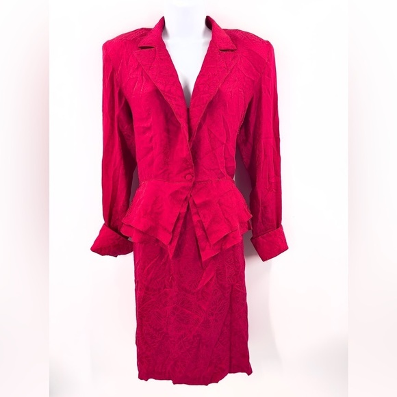 Vintage 1980's Argenti Silk Skirt Suit Set Size 6 Red Peplum Pencil 3 Piece Rare - Picture 1 of 16